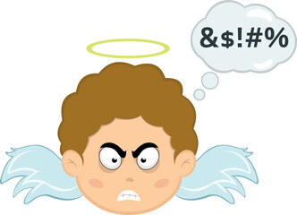 Vector illustration of a child angel cartoon with an expression of anger and a cloud of thought with a text of insult