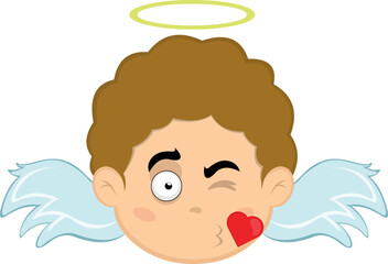 Vector illustration of a child angel cartoon giving a kiss in the shape of a heart