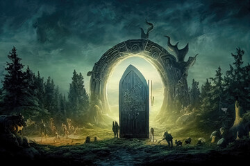 Concept art featuring the ancient gate to Valhalla. Pine forest with tall pine trees and a portal gate of Norse and viking mythology. Large gate in the middle of the forest to enter the afterlife. - obrazy, fototapety, plakaty