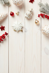 White wooden desk with Scandinavian Christmas decorations. Top view.