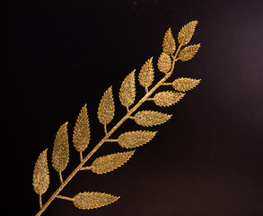 Golden branch with leaves on a black background