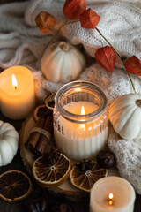 Obraz na płótnie Canvas Autumn home composition with aromatic candle, dry citrus, cinnamon, anise. Aromatherapy on a grey fall morning, atmosphere of cosiness and relax. Wooden background close up