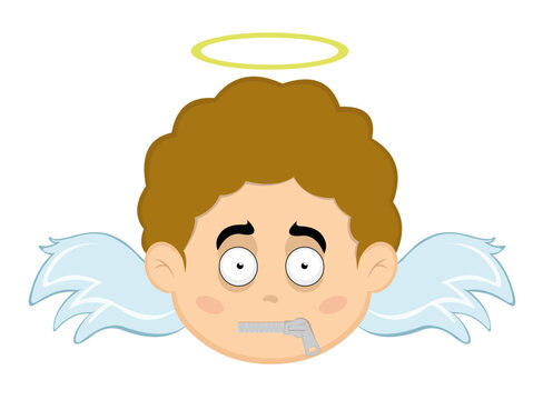 Vector illustration of the face of a child angel cartoon with a zipper in his mouth