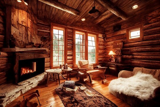 Cozy mountain wooden cabin house with fireplace and windows