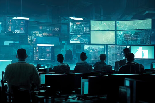 Interior of security operations centre. Secret intelligence service concept art featuring screens and monitors, people in silhouettes monitoring activity of criminals. Professional specialists of cia