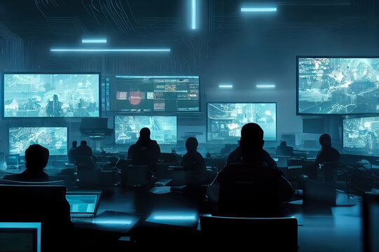 Interior of security operations centre. Secret intelligence service concept art featuring screens and monitors, people in silhouettes monitoring activity of criminals. Professional specialists of cia