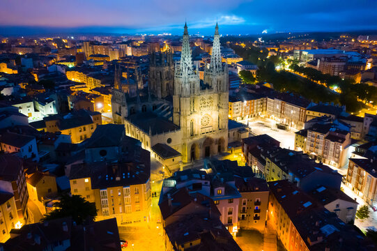 Evening view of the Burgos city and Cathedral from high, Burgos, Spain