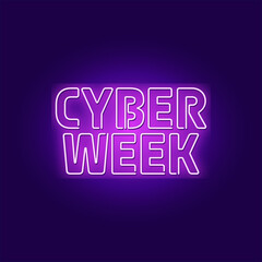 Neon pink glowing cyber week sale banner on purple background - obrazy, fototapety, plakaty