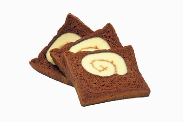 Chocolate whole wheat bread with vanilla roll isolated on white background