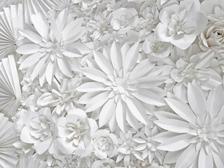 White flowers background and texture. Beautiful white flowers 3D paper art for wedding backdrop, background, greeting and invitation card.