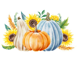 
Watercolor illustration with pumpkins and sunflowers. Thanksgiving, harvest festival clipart with vegetables, flowers.
