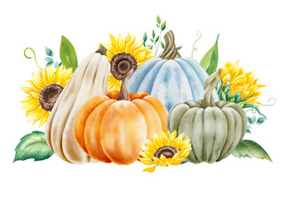 Thanksgiving, harvest day watercolor illustration. Orange, blue, green and beige ripe pumpkins and sunflowers horizontal borders for design cards, banners, holiday decor.