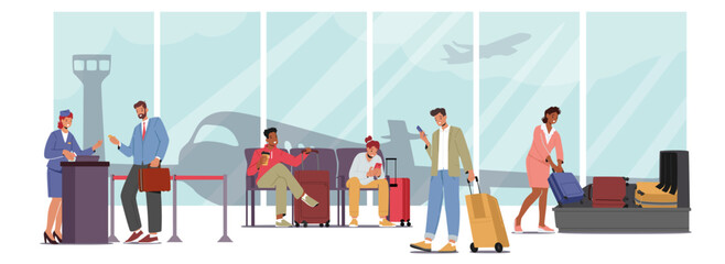 People In Airport, Male And Female Characters Scanning Luggage, Pass Registration And Waiting In Terminal Illustration