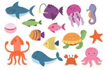 Set of Underwater Animals Shark, Octopus, Anglerfish, Jellyfish and Shell. Turtle, Starfish, Crab, Whale and Squid