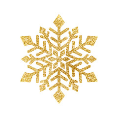 Gold glitter texture snowflake isolated on white background. Vector illustration.