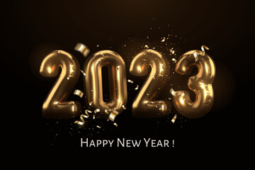 Happy New Year 2023 Metallic Gold Foil Balloons with falling confetti. Balloons number on black background in realistic 3d style. Ideal for greeting card, invitation, banner. Vector eps 10.