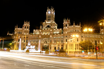 The Cibeles Palace at night in the city of Madrid, Spain
