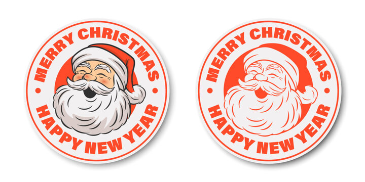 Vector Paper Round Paper Sticker Set with Cute Funny Smiling Peeking Santa Claus Head Icon. Design Template for Holiday Merry Christmas and Happy New Year Greeting Cards, Stickers, Banners, Gifts