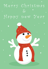 Christmas card. Snowman in a hat and scarf. Funny snowman. Christmas illustration. Vector illustration