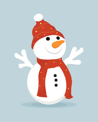 Snowman in a hat and scarf. Funny snowman. Christmas illustration. Vector illustration