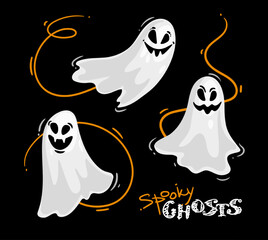 Set of flying Ghosts. Spooky Halloween characters. Cute hand drawn monsters collection for halloween holiday party. Isolated on black background. Vector illustration.
