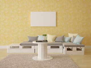Mock up a modern living room with a compact comfortable sofa and decorative plaster background.	