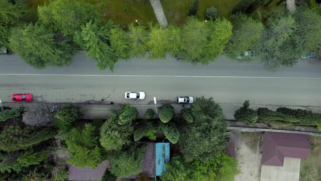 4k Overhead view of lot of cars driving down road in countryside outdoors irrl. Aerial pic of asphalt way surrounded by green trees and transport traffic in area without anyone. Creative person