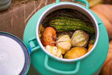 Harvest festival with autumn pumpkins and vegetables. Sale of agricultural crops on the outdoor market after the holiday