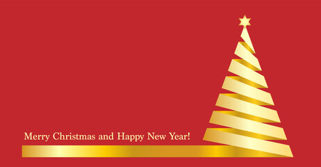 Weihnachtsbaum, Tannenbaum, Christbaum aus Schleife in rot gold,
Weihnachtskarte mit Wünsche in englisch,
Vektor Illustration isoliert auf weißem Hintergrund
