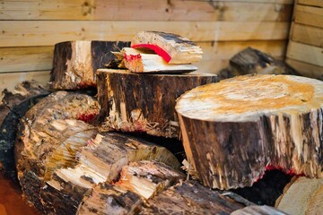 Closeup shot of the stored logs and wood