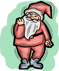 Funny Santa Claus dancing, hand drawn cartoon character, comic personage illustration. Decorative element for poster print, Christmas party invitation, postcard design. Traditional winter celebration.