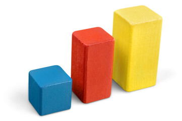 Toy wooden blocks stack, tower of blank multicolor box cubes over white background