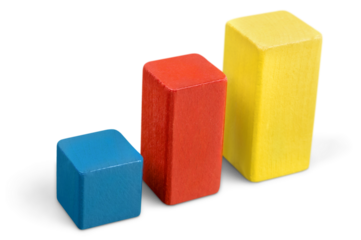 Toy wooden blocks stack, tower of blank multicolor box cubes over white background