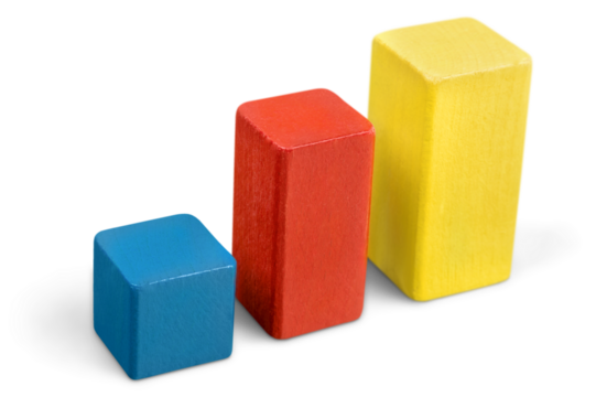 Toy wooden blocks stack, tower of blank multicolor box cubes over white background