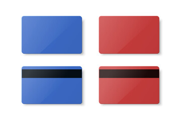 Vector Blue and Red Gift Card, Certificate, Guest Room, Plastic Hotel Apartment Keycard, ID Card, Sale, Credit Card Design Template for Mockup, Branding. Top View - Front, Back Side, Magnetic Strip