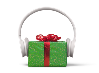 Gift box and headphones on white background