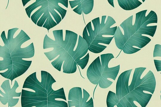 Tropical forest botanical Leaves Motifs scattered random mixed with palm leaves, Seamless texture pattern Printing with in hand drawn style on light cream color background