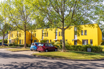 Colorful houses at Willem Dreeslaan in Marum, municipality Westerkwartier in Groningen province the...