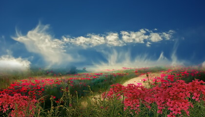  Wild field red flowers and grass bright blue sky and white clouds nature landscape impressionism ...