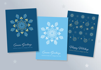 Christmas Cards Set with Blue and Gold snowflakes