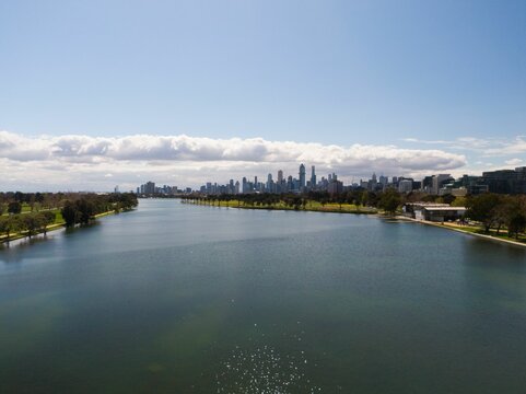 Beautiful View of Albert Park lake in Australia under blue cloudy sky