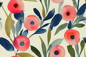 Watercolor flower motif background. Hand painted earthy whimsical seamless pattern. Modern floral linen textile for spring summer home decor. Decorative scandi style colorful nature all over print
