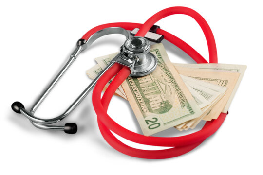 Stethoscope and money for financial examination healthy concept