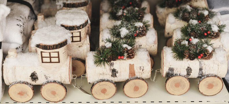 Children's wooden birch train for Christmas in a shop