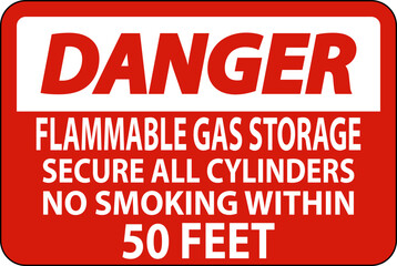 Danger Sign Flammable Gas Storage, Secure All Cylinders, No Smoking Within 50 Feet