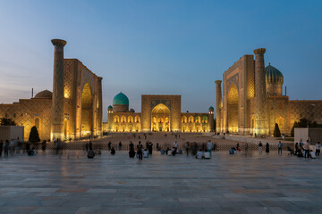 Panoramic view of Registan square with three madrasahs: Ulugh Beg, Tilya Kori and Sher-Dor Madrasah - Samarkand, Uzbekistan