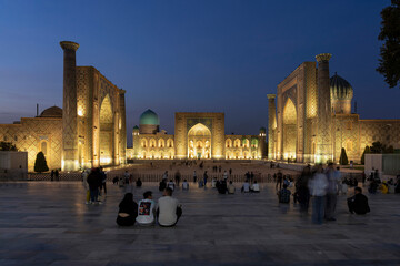 Panoramic view of Registan square with three madrasahs: Ulugh Beg, Tilya Kori and Sher-Dor Madrasah - Samarkand, Uzbekistan