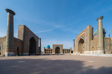 Panoramic view of Registan square with three madrasahs: Ulugh Beg, Tilya Kori and Sher-Dor Madrasah - Samarkand, Uzbekistan