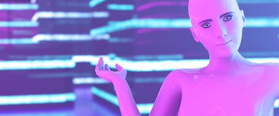 Futuristic 3d robot in a digital world, half-length shot, woman inviting and introducing on foreground, purple and blue metaverse on background. - 542293908