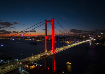 Naklejka premium 15 July Martyrs Bridge Night Drone Photo, Beylerbeyi Uskudar, Istanbul Turkey